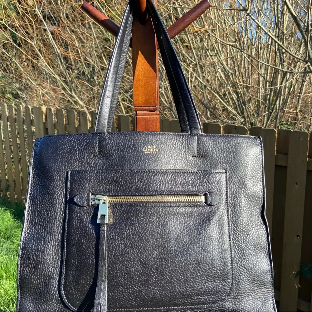 Vince Camuto Black Leather Tote Bag Elvan Style Gold Hardware Work Bag - Picture 1 of 16
